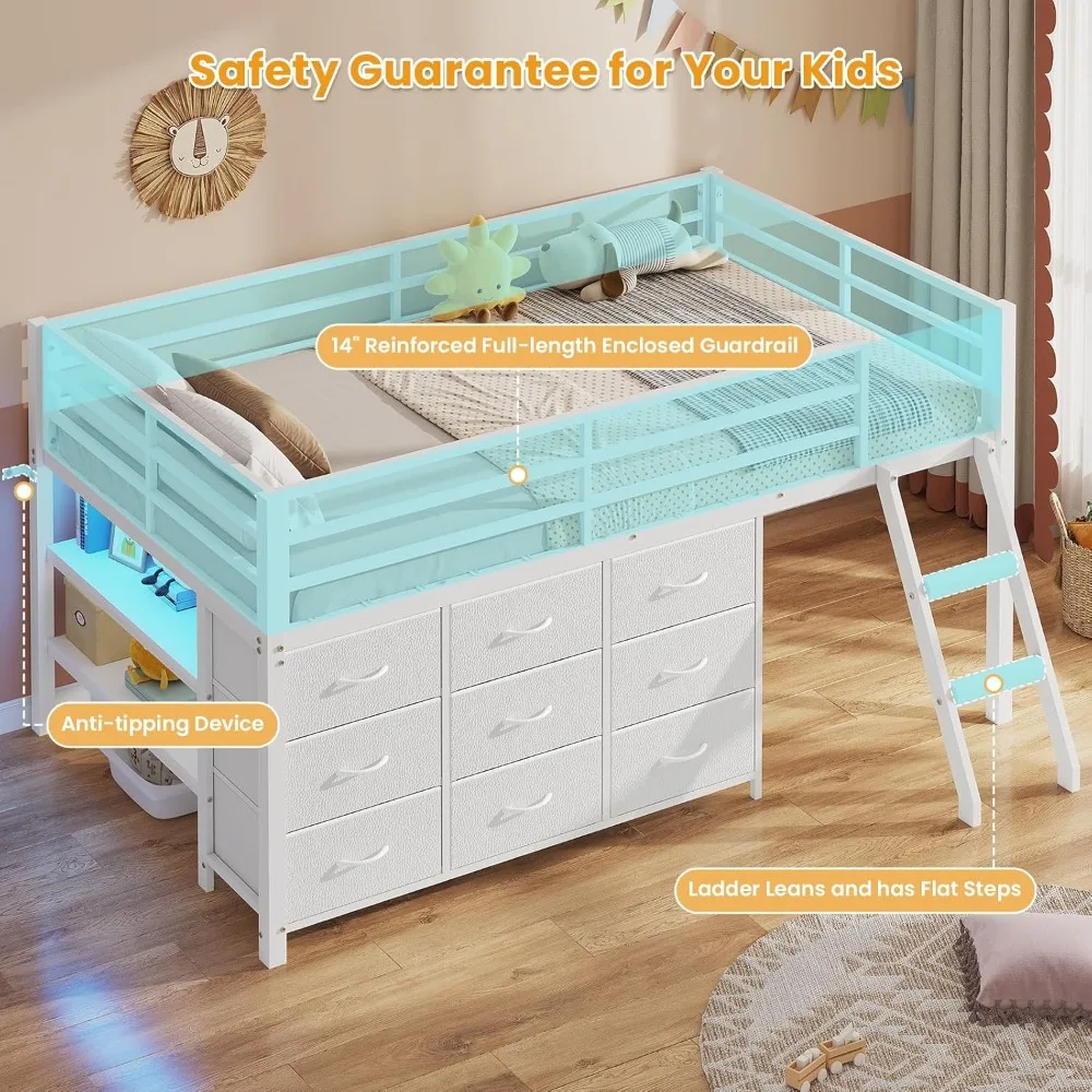 เตียงสองชั้นสำหรับเด็ก, เตียงสองชั้นขนาดเล็กพร้อมตู้เก็บของ 9 ช่อง, ไฟ LED, ชั้นวางของ 2 ชั้นและบันได, โครงโลหะสีขาว