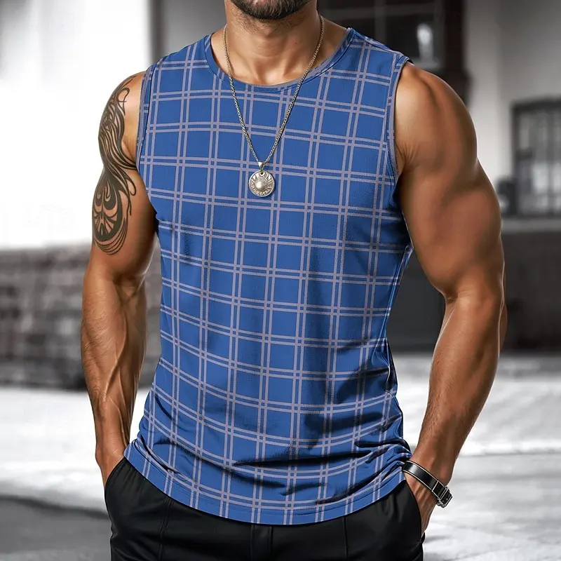 Retro Men's Vest Top 3D Print Plaid Striped Graphic Sleeveless Shirt Crew Neck Loose Streetwear Summer Fashion Casual Tank Tops - Image 7