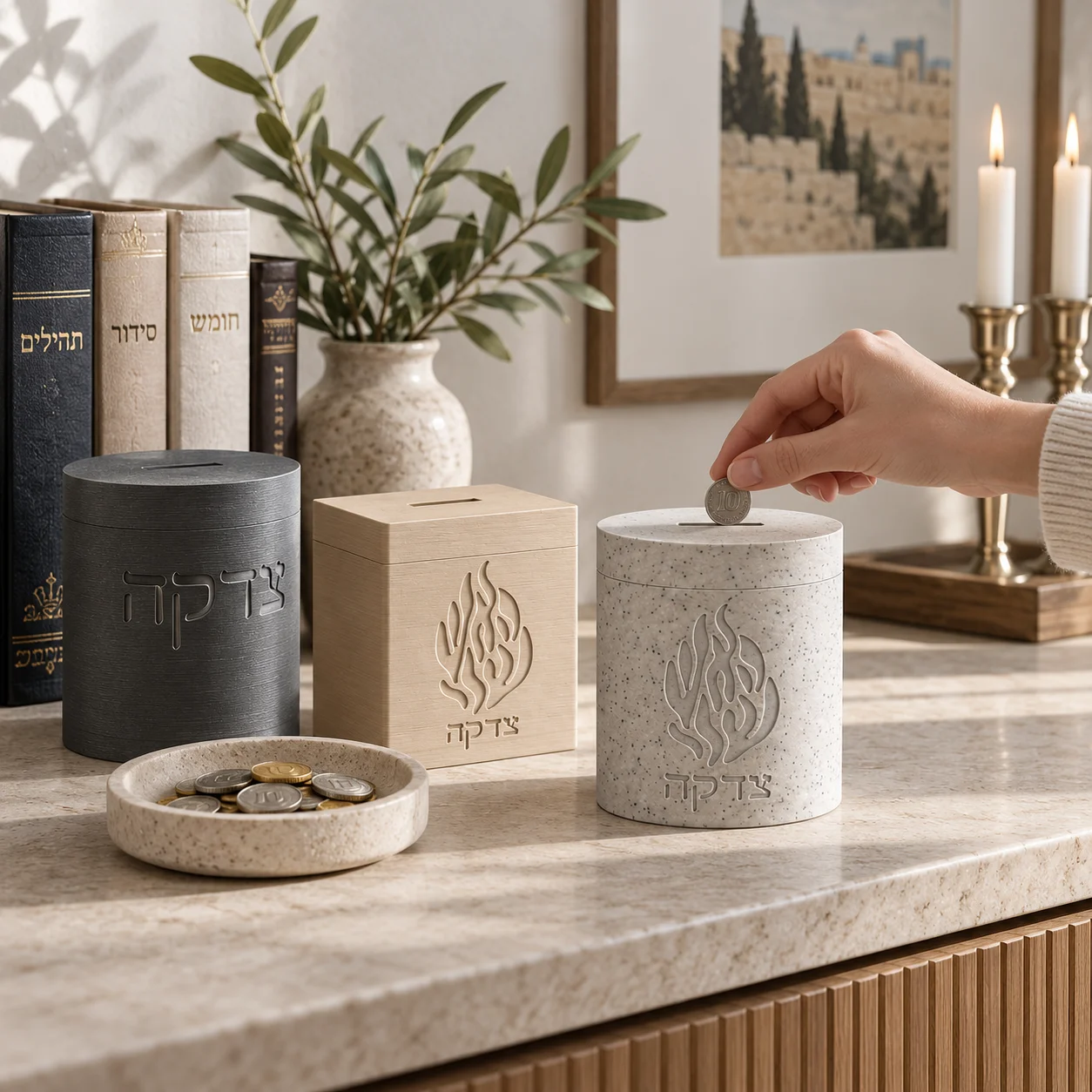 Tzedakah Box Jewish Charity Pushke Box Judaica Tzedakah Coin Bank Flame Engraved Hebrew Tzedakah Home Blessing Gift