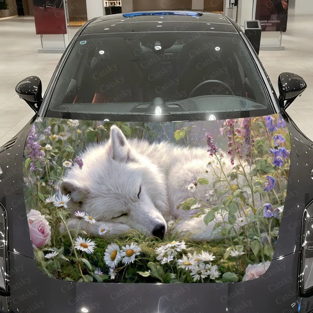 Flower Cluster Sleeping Wolf Car Vinyl Wrap, PVC Material Waterproof Car Hood Sticker, Self-Adhesive Scratch-Resistant Stickers
