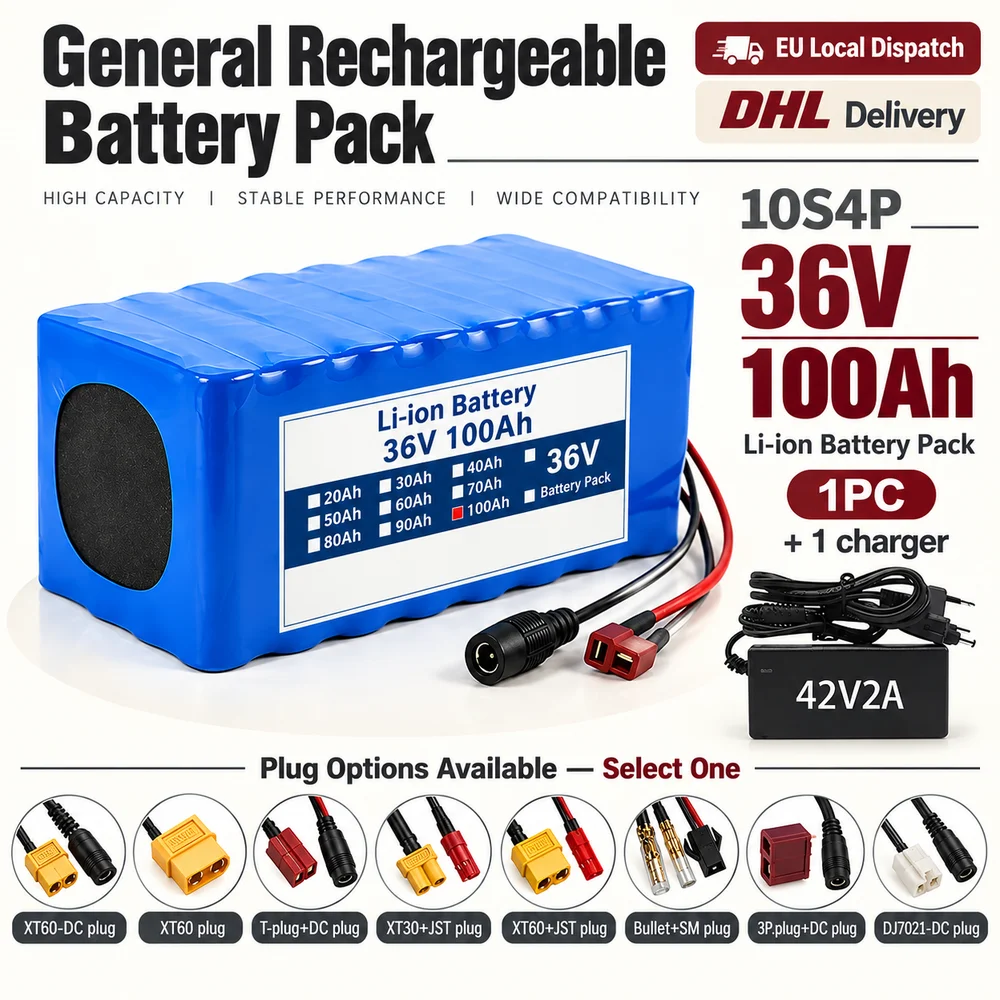 Pacco batteria ricaricabile agli ioni di litio 36V 100Ah 10S4P con connettore XT60-DC, connettore XT60, connettore T+connettore DC, connettore XT30+JST, connettore XT60+JST e opzione caricabatterie