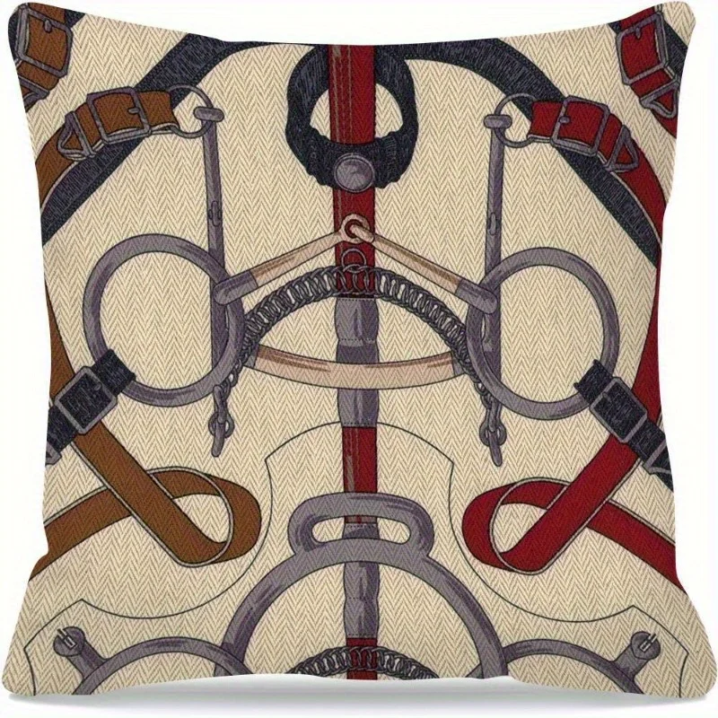 Vintage Equestrian Double-Sided Pillowcase, Horse Bit and Leather Strap Cushion Cover with Zipper, Washable Decor for Sofa