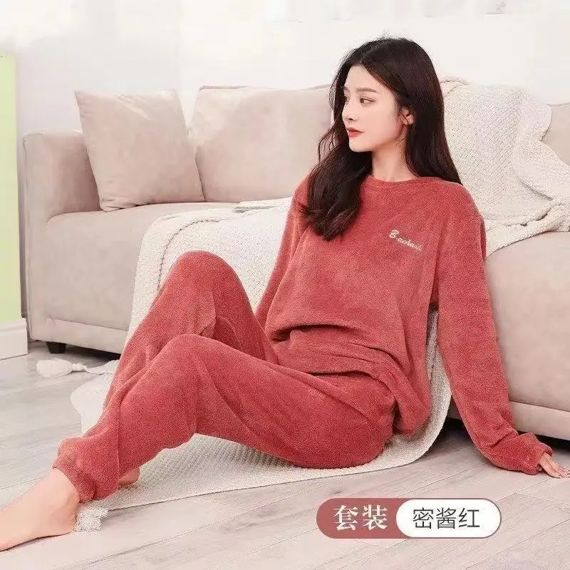 Pajamas For Women Thick Coral Fleece Flannel Pajamas Set Soft Loose Nightwear Solid Homewear Sleep Clothes pijamale set cuplu