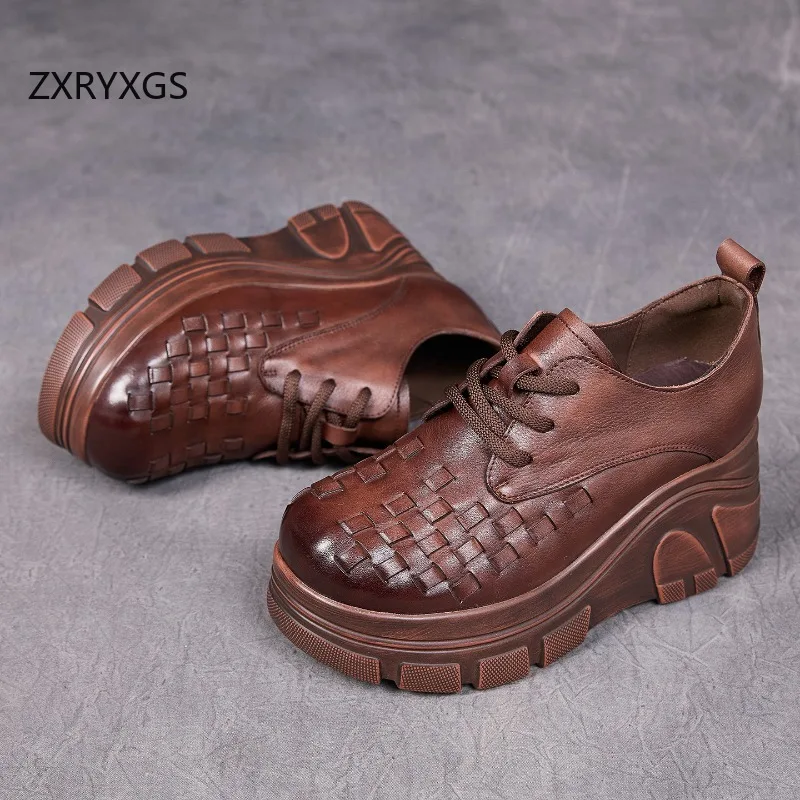 Zapatos de Tacón Alto Elegantes para Mujer, Modelo ZXRYXGS 2026, de Cuero Auténtico con Punta Redonda, Tejido de Primera Capa de Piel de Vaca, Plataforma Gruesa