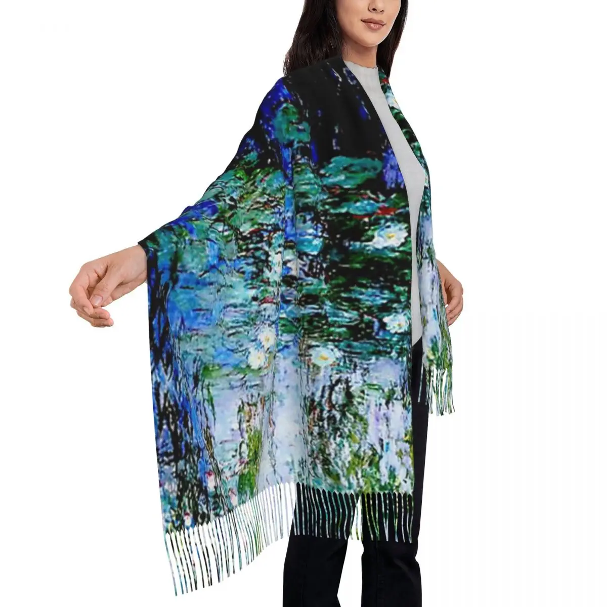 

Женский длинный шарф с водяными лилиями Claude Monet, шарфы с кисточками, женские мягкие теплые шали и накидки, большая осенне-зимняя шаль