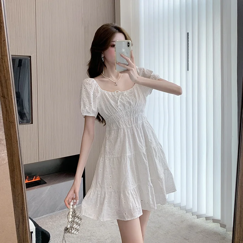 Summer 2024 Sweet First Love Square Collar Short Sleeve Dress  Floral Print Waist Cinching Slimming Short Length Women's...