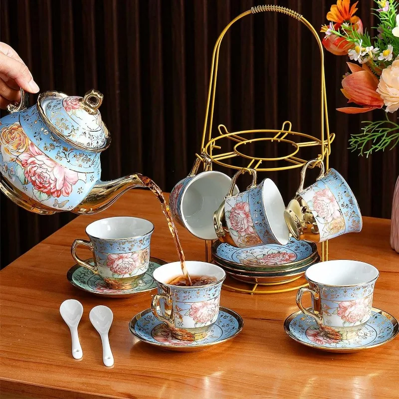 Imagem -04 - Chá de Porcelana com Suporte de Metal Copos de Cerâmica Europeus Serviço de Pires para Festa de Chá de Flores para Adultos 20 Pcs