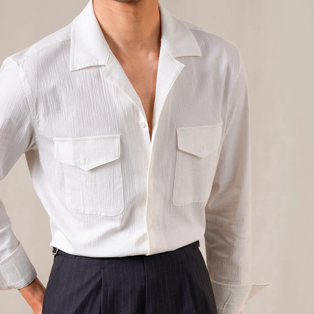 

Мужские рубашки из смесового хлопка в итальянском стиле с кубинским воротником, повседневные, текстурированные, дышащие, комфортные, премиум-класса, для делового стиля