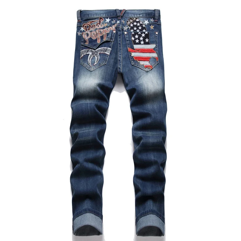 New Men's Clothing2024American Embroidery Jeans Men Fashion Straight Slim Fit Stretch All-Matching Street Trendy Trousers