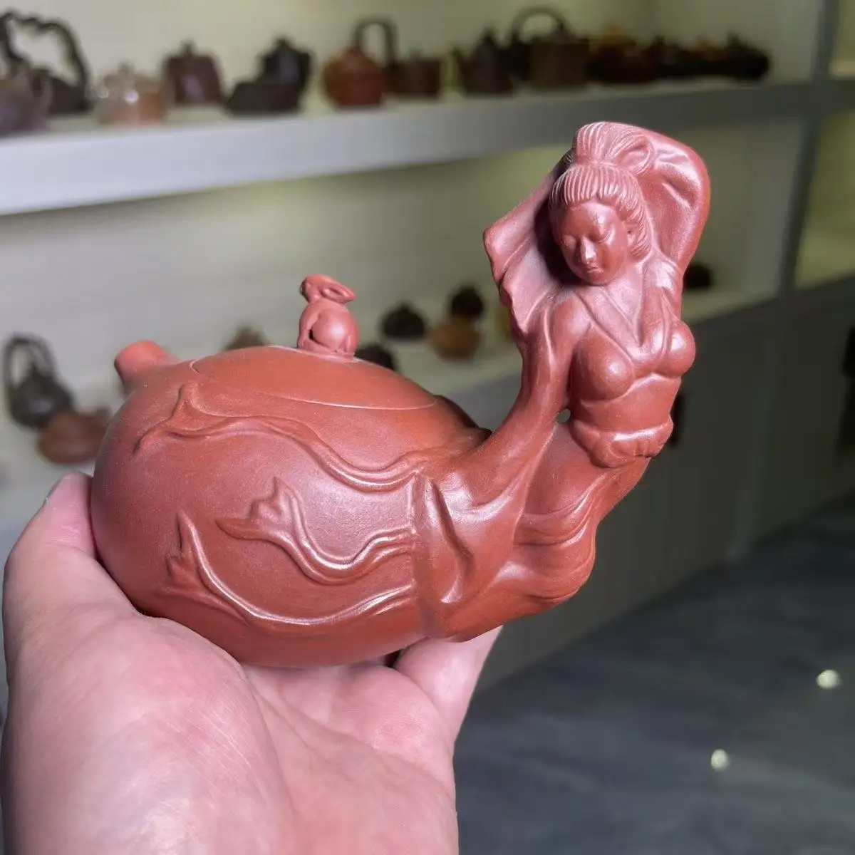 Old Chinese Handicraft Enameled YiXing Zisha (red stoneware) Teapot,The Moon Worship,with mark, Free shipping