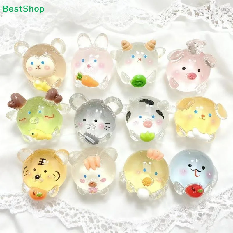 12PCS Luminous Chinese Zodiac Chubby 3D Resin Accessories, Cartoon 3D Transparent Animal Ornaments, Animal Models, Ornaments