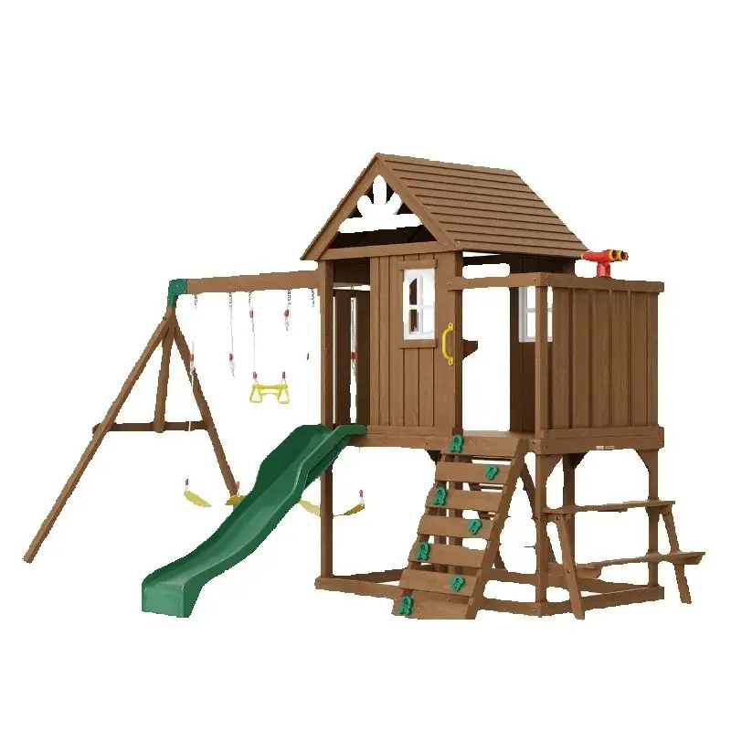 

SucceBuy Wooden Swing Set 9/10 IN 1 Outdoor Playground Sets for Backyards 2 Swings Trapeze Bar 6 FT Slide Large Upper Fort