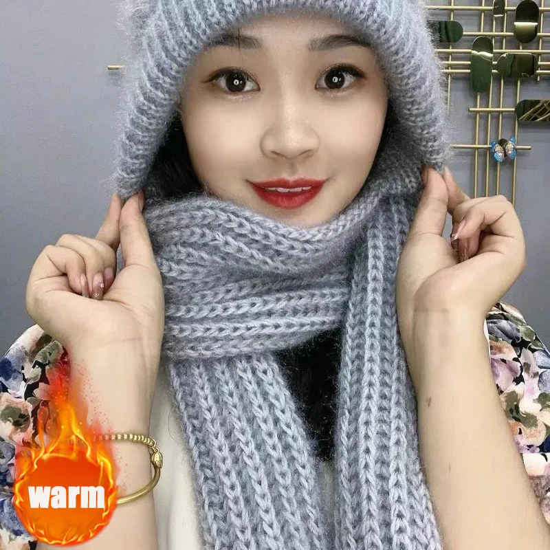 Windproof Thermal Beanie Scarf Combo Women Fleece Lined Knit Snow Hood Cycling Cap Winter Cold Weather Set Essential