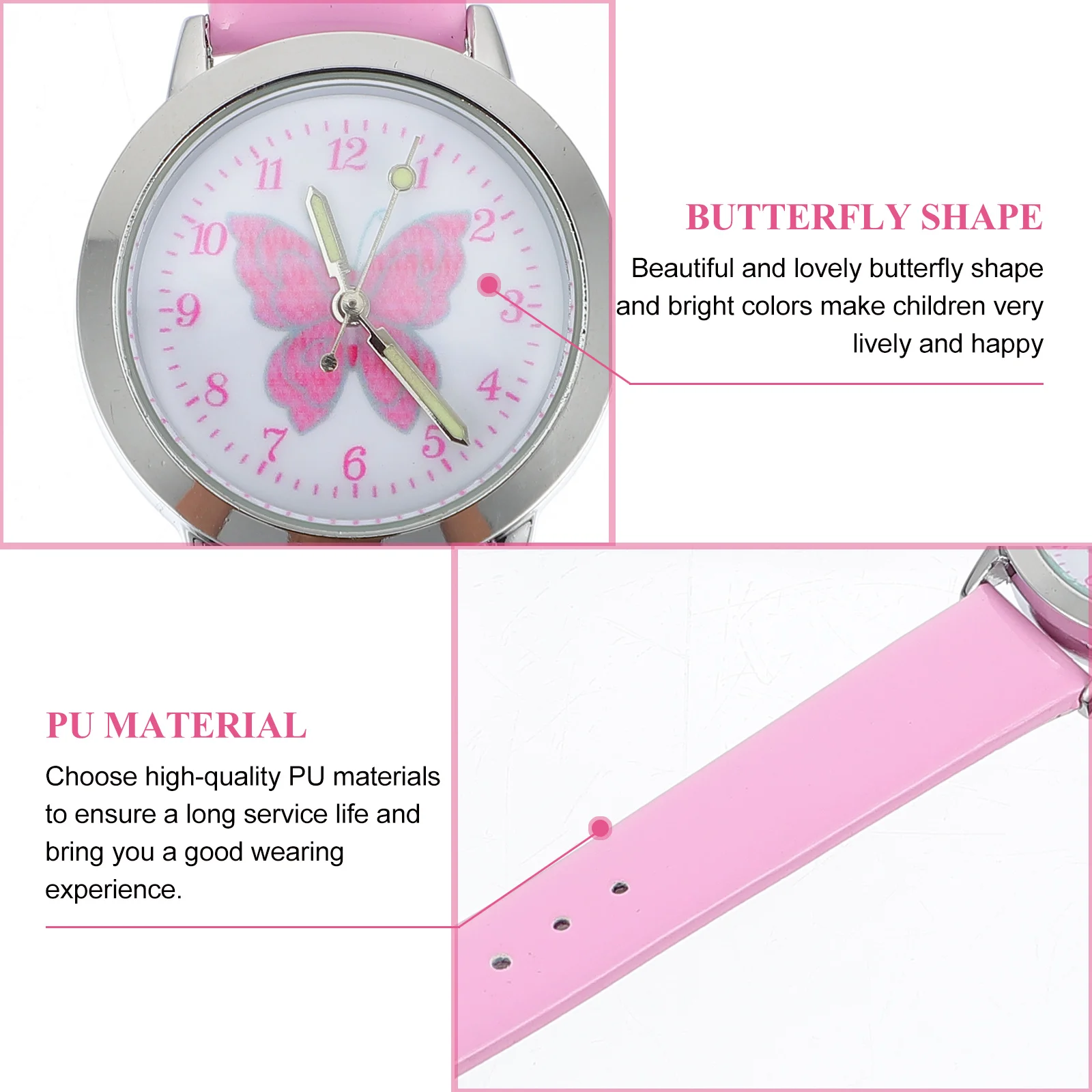 1 pc Kids Watch Girls Luminous Butterfly Pattern Children Learning Glow In Dark Clear Dial Durable Alloy Pu Strap