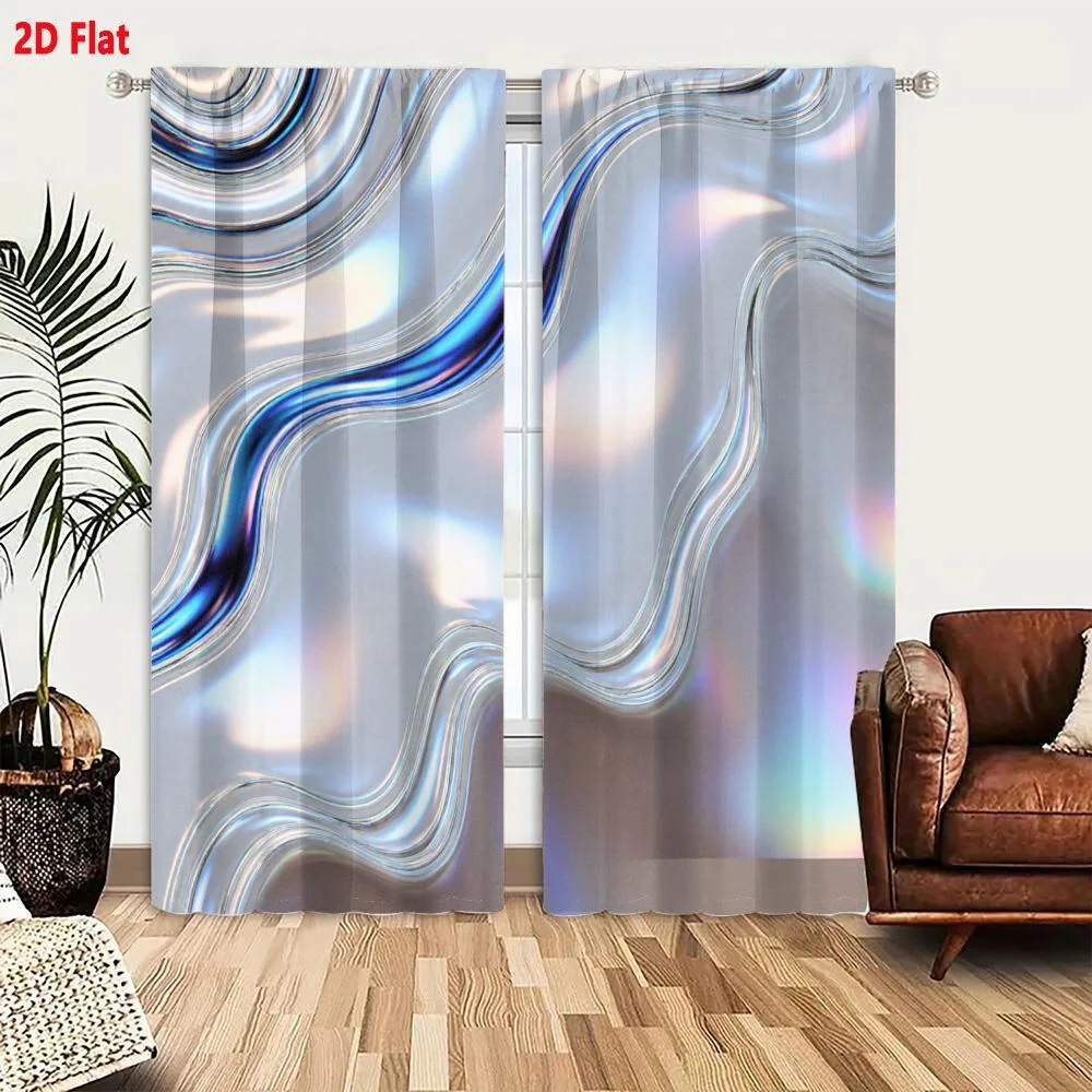 2Pcs Curtains 2D Flat Abstract Fluid Design Wavy Translucent Iridescent Shapes With Blue Silver And Rainbow Hues Soft Muted Grad