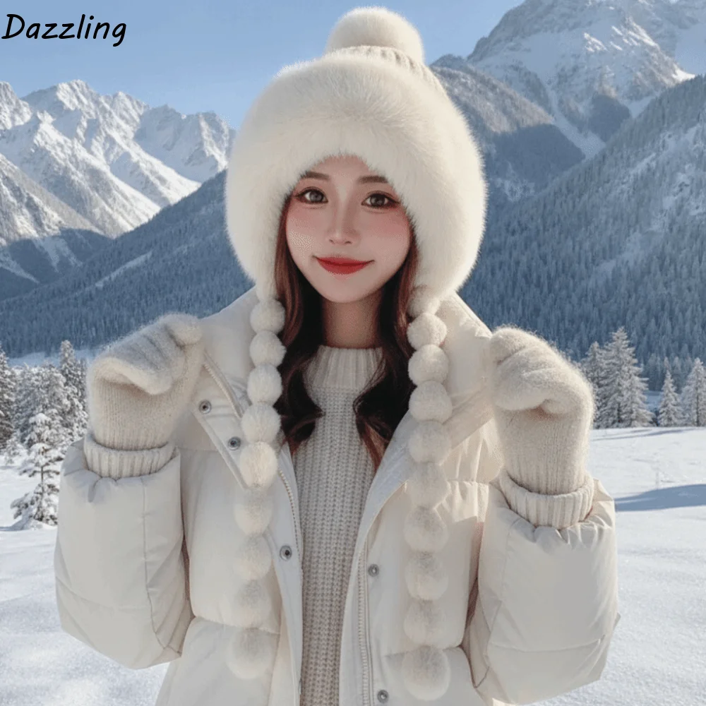 Fleece Lined Pompom Braids Hat Striped Knit Fur Brim Fleece Knit Beanie Soft Yarn Thermal Fur Trim Trapper Commute