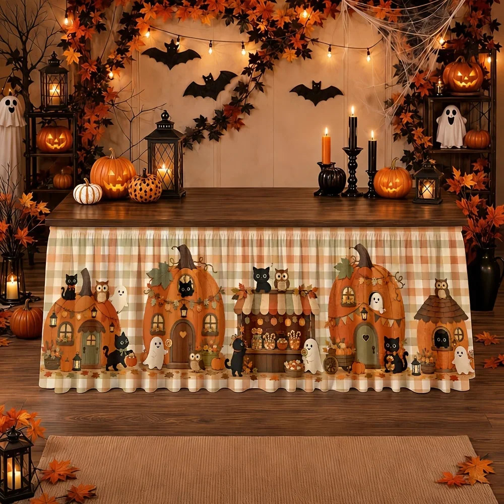 Table skirt / tableskirt, Pumpkin House, Owl, Ghost, Halloween theme, Warm hand-painted style, yzb
