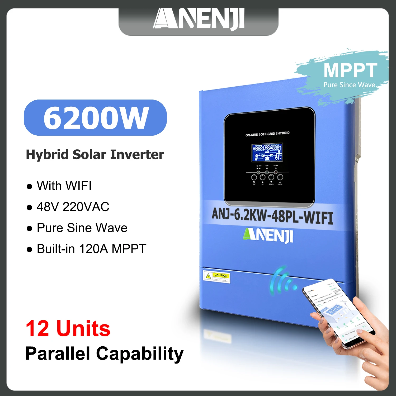 ANENJI Parellel Hybrid Solar Inverter 6200W 48V Built-in 120A MPPT Pure Sine Wave Off-Grid Home Inverter With WIFI For PV 500VDC