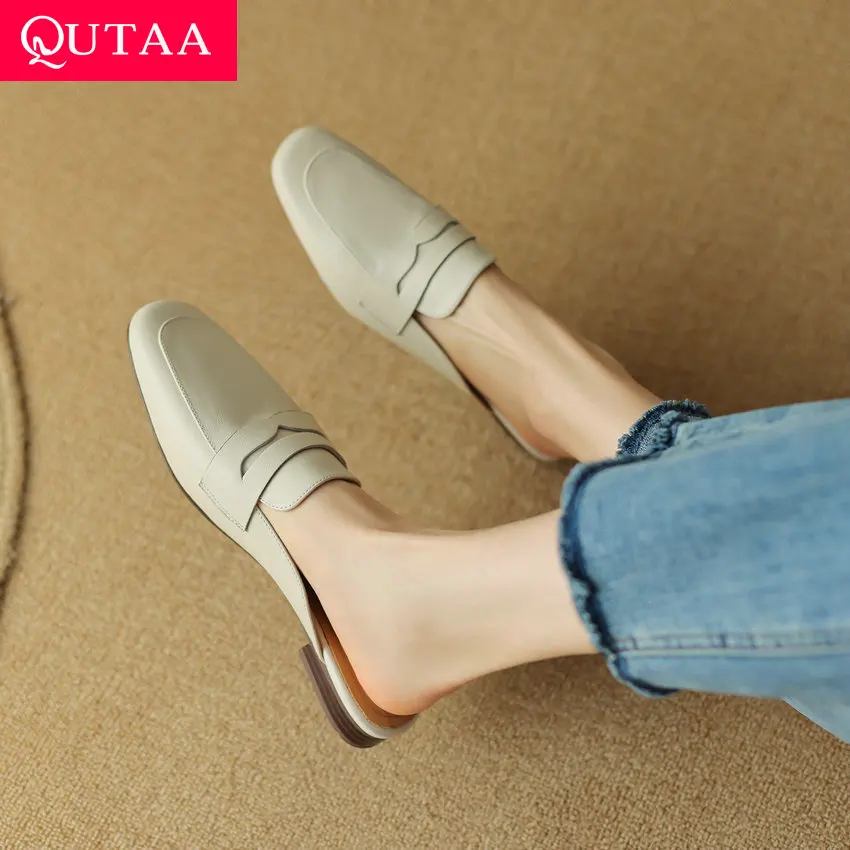 QUTAA 2023 Spring Summer Women Pumps Fashion Mules Slippers Low Heel Genuine Leather Shoes Woman Office Lady Party Size 34-39