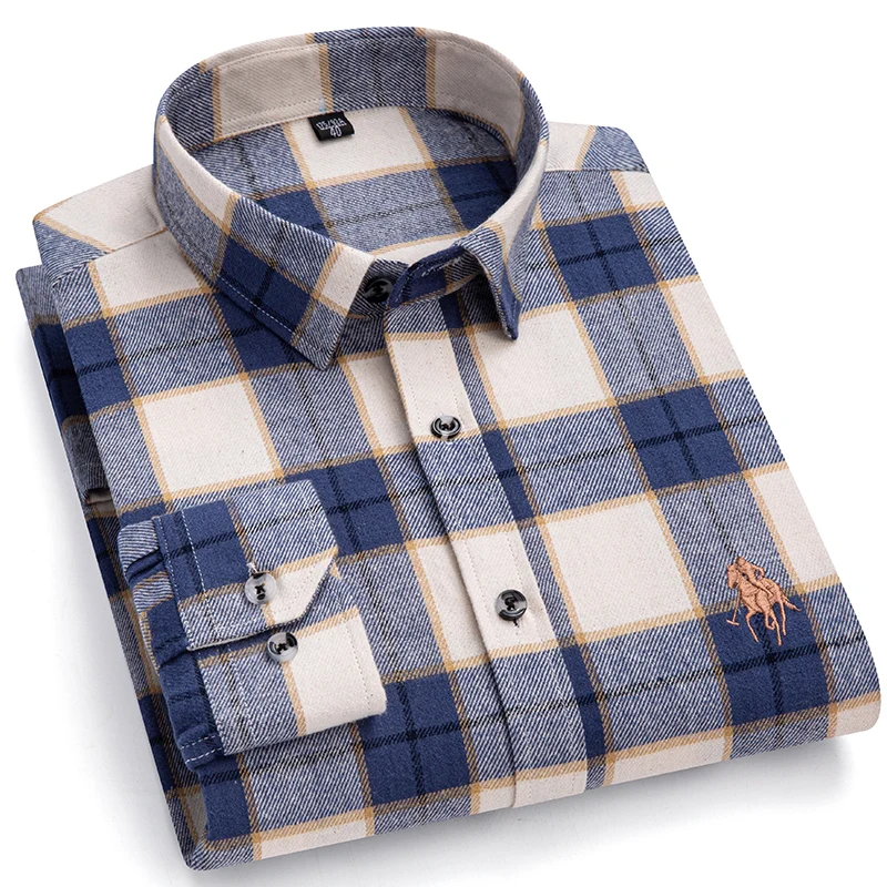 Chemises à manches longues brossées délavées à carreaux pour hommes, faciles d'entretien, confortables et décontractées, 100% coton, à la mode, Slim Fit, chemises boutonnées, vêtements