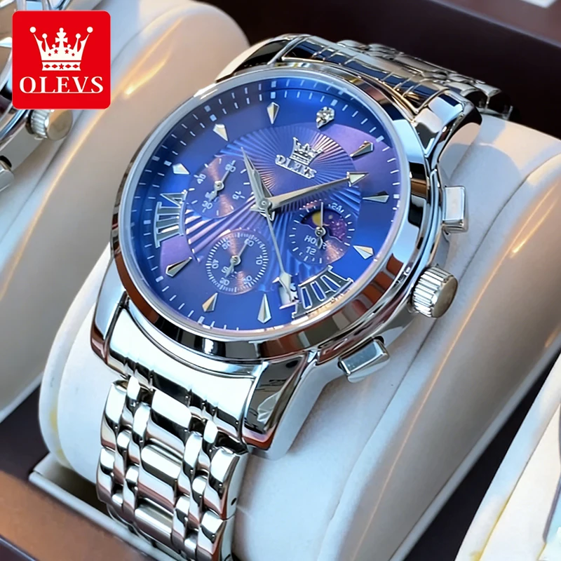 

OLEVS Top Brand Men's Watches Fashion Multi-functional Original Quartz Wristwatch for Man Moon Phase Luminous Date Chronograph