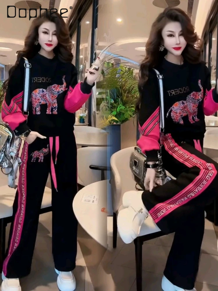 

2024 Spring New round Neck Sweatshirts Fashion Letter Rhinestone Long Sleeves Top Wide Leg Pants Two Piece Sets Women Outifits