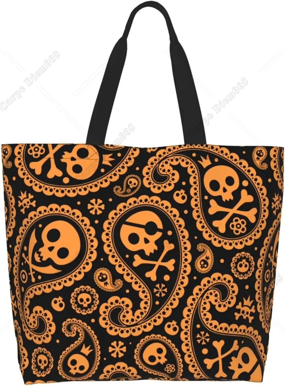 Boho Paisley Pattern Pirate Skull Tote Bag Grocery Bag Shopping Bag Handbag Beach Bag Gift Bag for Women Work Shop Tote Bag