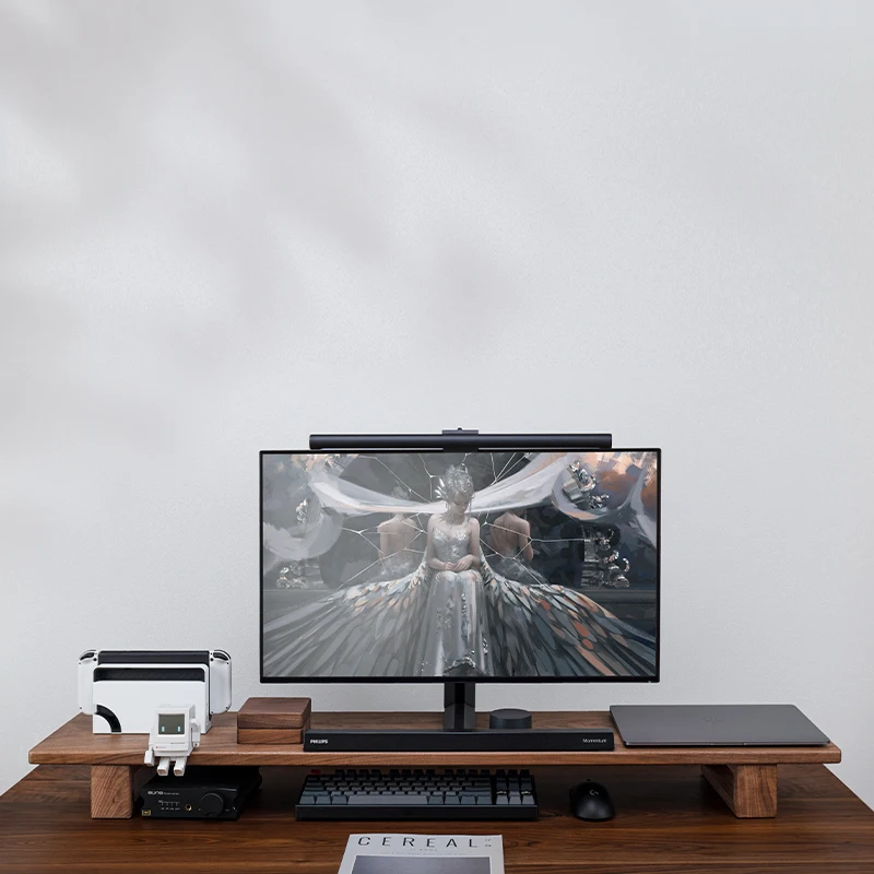 حامل شاشة من خشب الجوز الأسود، رف تخزين للكمبيوتر المحمول من الخشب الصلب، حامل شاشة كمبيوتر مريح، منظم سطح المكتب