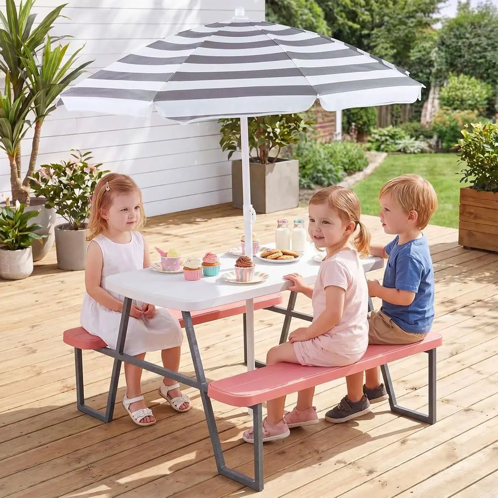 Kids Picnic Table, Toddler Outdoor Table & Bench Set with Removable Umbrella, HDPE Tabletop, Metal e, Kids Outdoor urniture or P