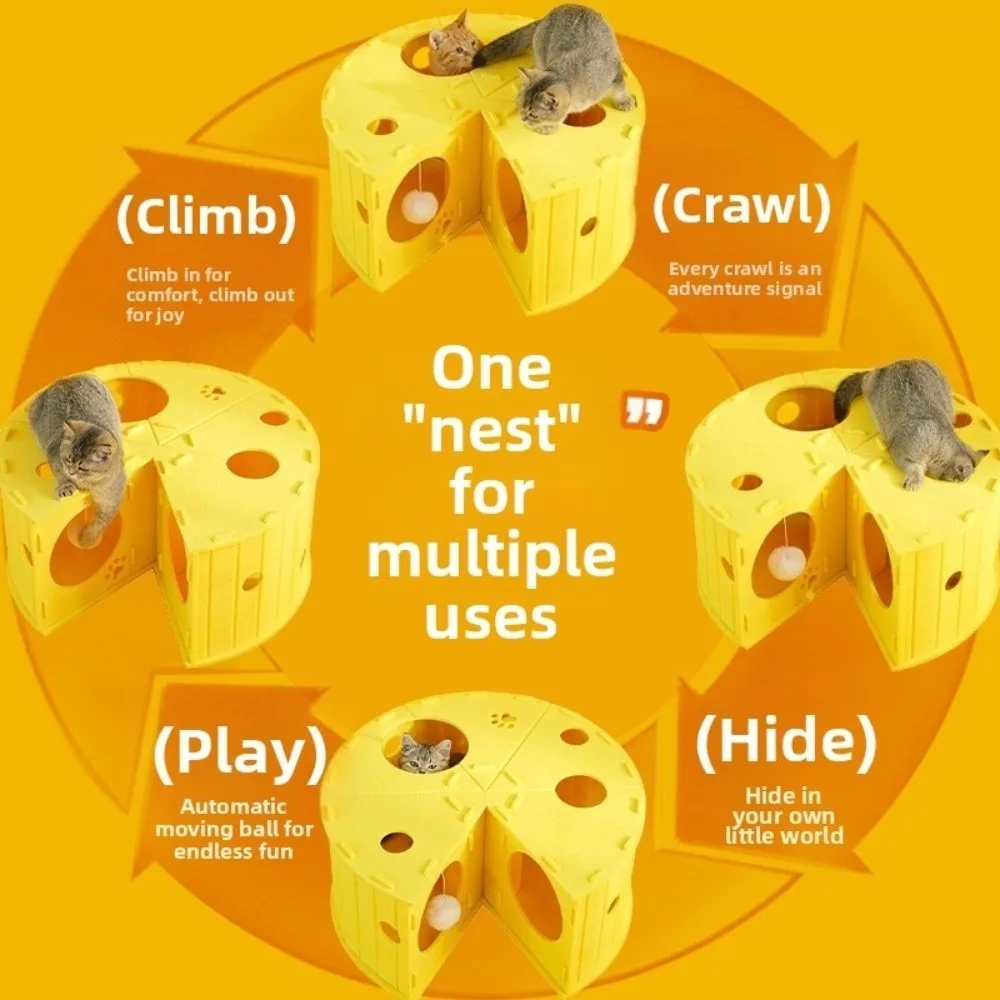 

Wear-Resistant Felt Cat Bed Breathable Half-Closed Cheese Tunnel Bed Multi-Hole Detachable Cat Hiding Nest for Small Cats