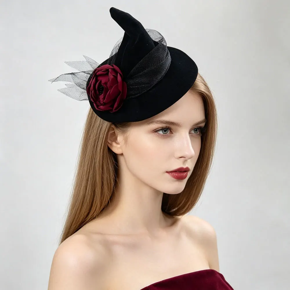 Women Halloween Black Mini Witch Hat Wine Red Rose Mesh Decor Headwear For Cosplay Prom Stage Show Masquerade Ball Dress Up Hair