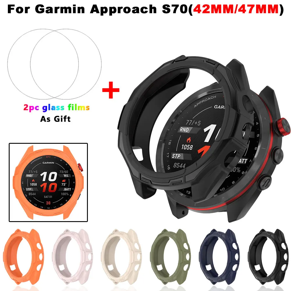 2-IN-1 Case + Tempered Glass Film For Garmin Approach S70 42MM 47MM TPU PC Screen Protector & Bumper Protective Cover Cases