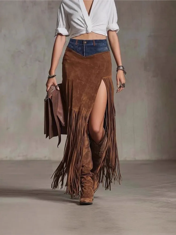 New Tassel Stitching Denim Hem Irregular Split Skirt Women's Spring Temperament Slim National Style Versatile Casual Long Skirt