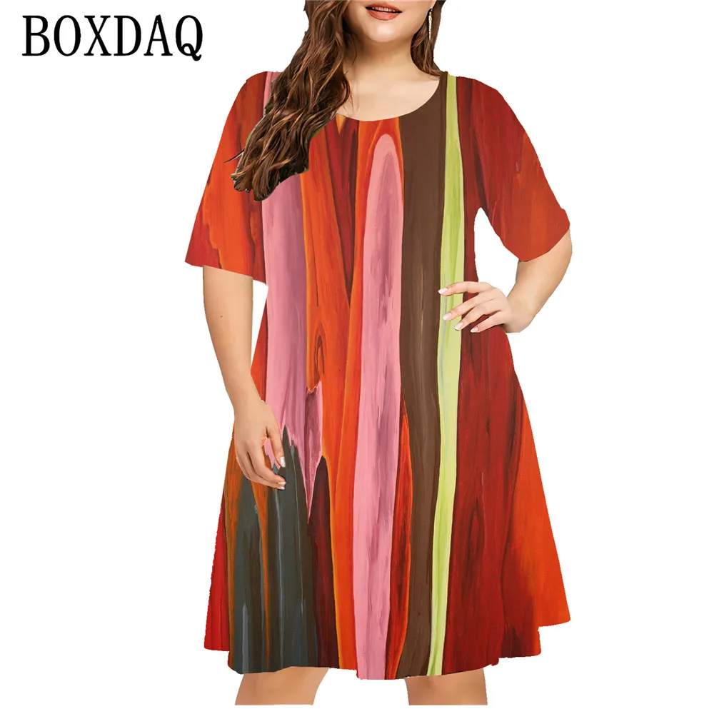 2024 New Women Dress Fashion Summer Painting Colorful Striped Loose Dress Casual Short Sleeve A-Line Dress Plus Size 7XL 8XL 9XL