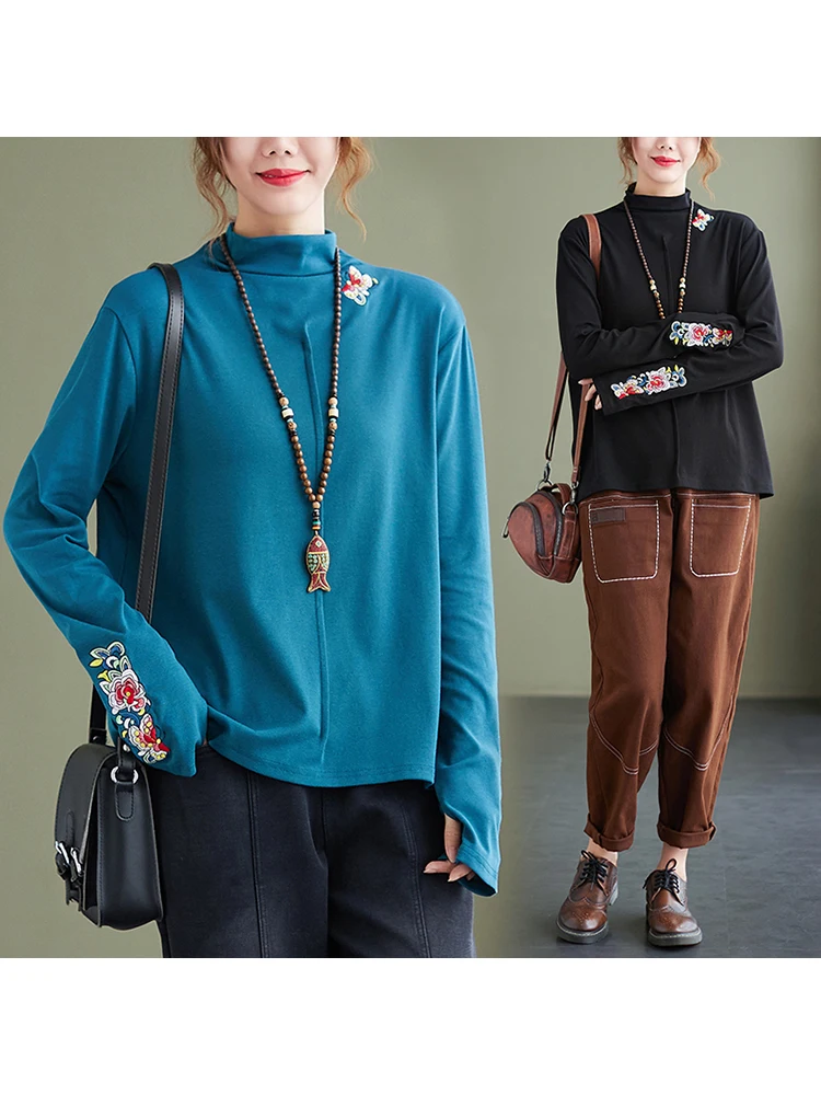 

Spring Fall Women's T-Shirts Vintage Ethnic Style Embroidered Cotton Half Turtleneck Slim All-Match Solid Color Mom Fashion Tops