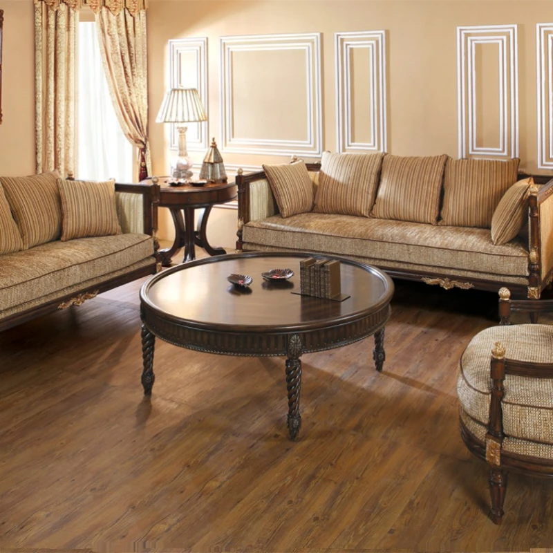 American solid wood furniture, carved fabric sofa, double triple sofa