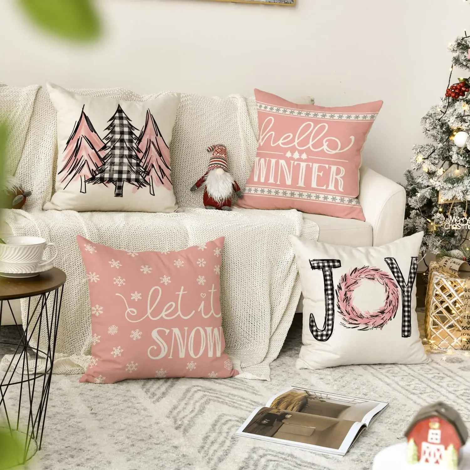 Merry Christmas Trees Mottos Pink Throw Pillow Covers, Hello Winter Let it Snow Holiday Cushion Case Decoration for Sofa Couch