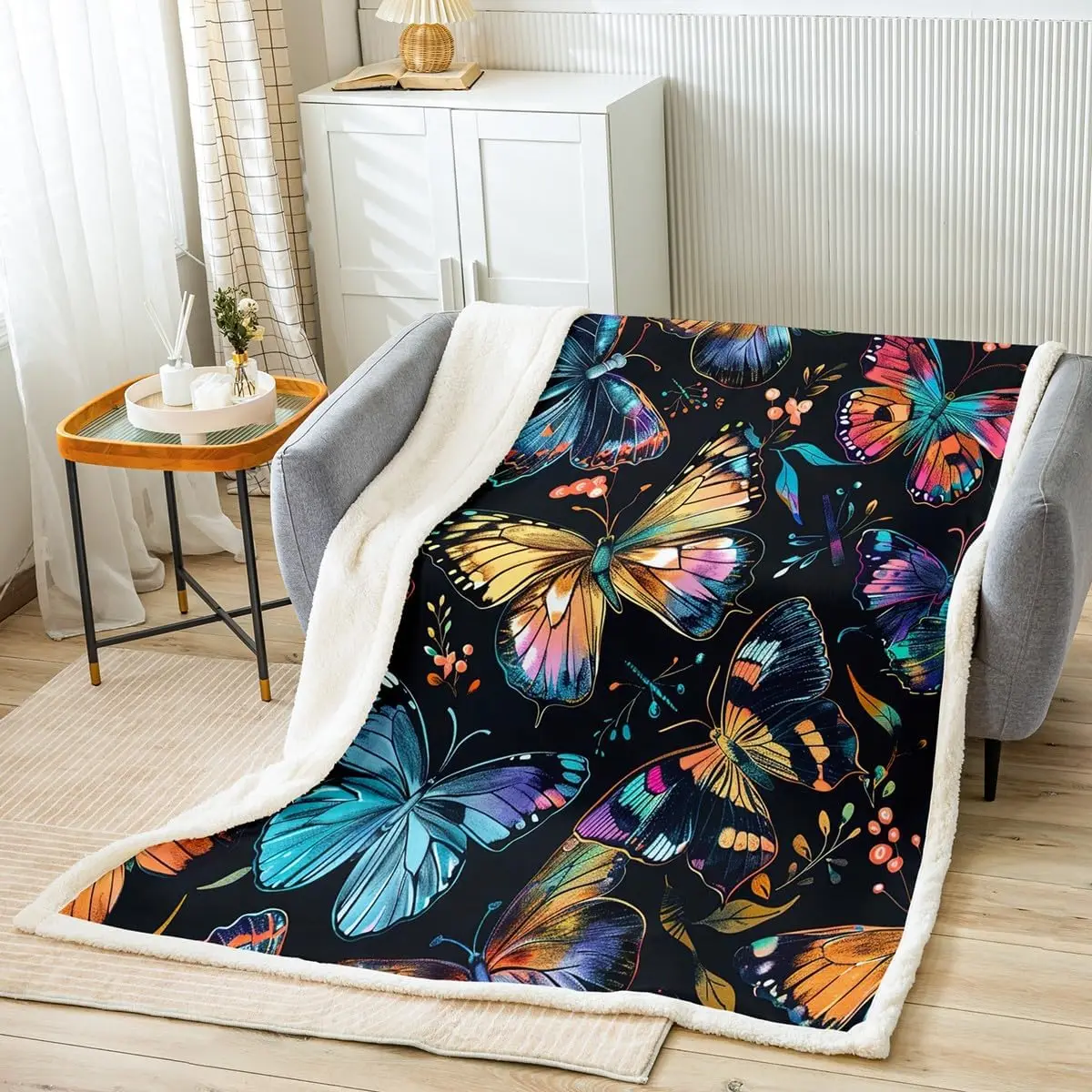 Colorful butterfly blanket black background soft plush throw nature home decor vibrant insect pattern cozy living room blanket
