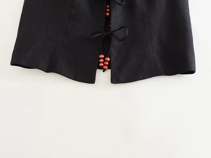 

Faionable V-ne Linen Vest Women's Summer New Sle Versatile Beaded Decoration Commute Pure Color Button Detail Top