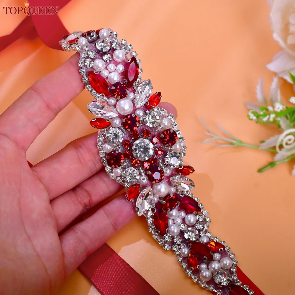 Topqueen lindo pedra vermelha imitação de pérola cinto de casamento vestidos de dama de honra decoração cinto vestidos de festa de baile acessórios s162