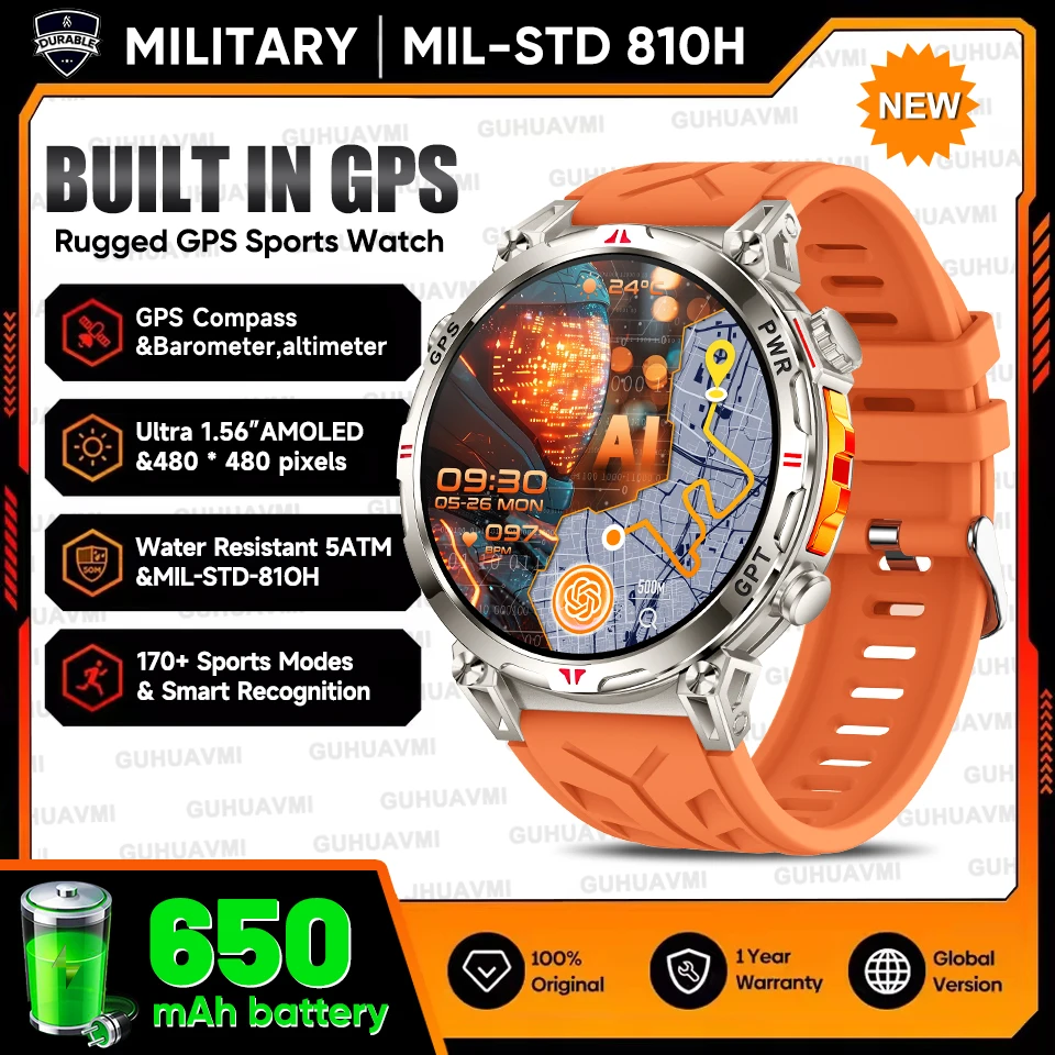 2025 New Military T-Rex3 GPS Smart Watch 5ATM Waterproof 650mAh Battery Heart Rate Compass AI GPT Sports tracker Smartwatch Men