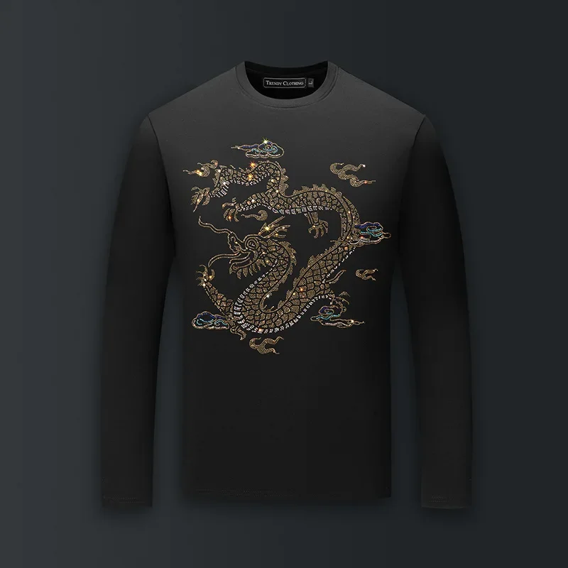 

Большие размеры, китайские футболки Dargon со стразами, мужская модная уличная одежда, футболки из мерсеризованного хлопка с круглым вырезом и длинными рукавами, мужская одежда