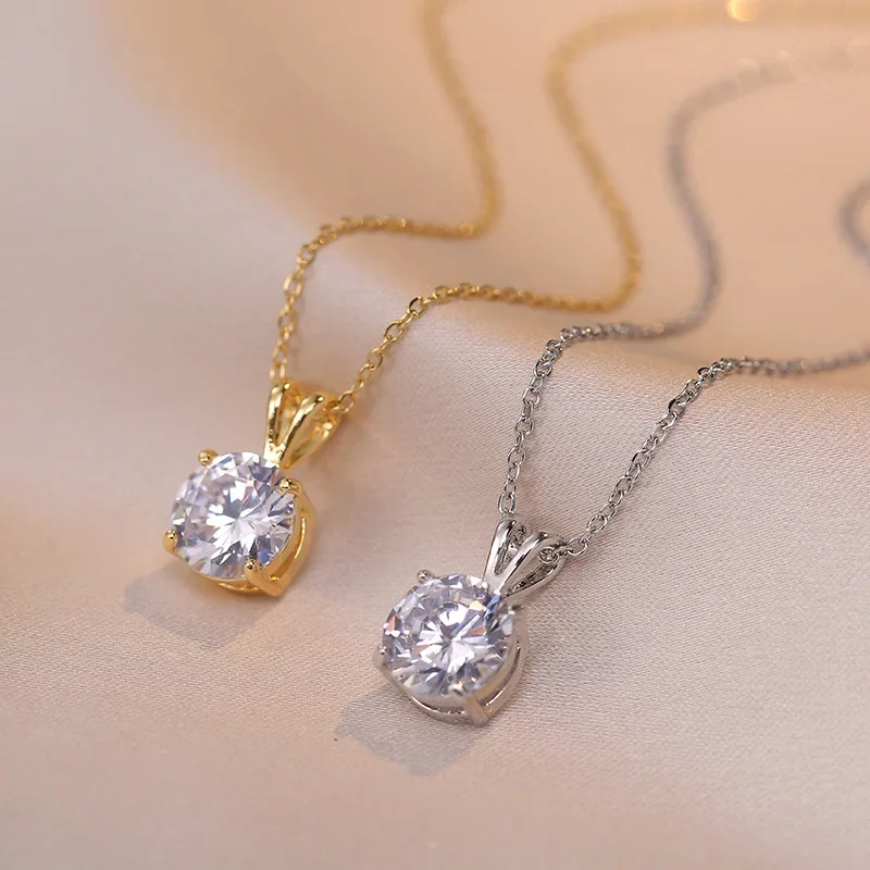 Exquisite Geometric Circle Crystal Pendant Necklace for Women Luxury Gold Color Stainless Steel Collar Bride Jewelry Colorfast