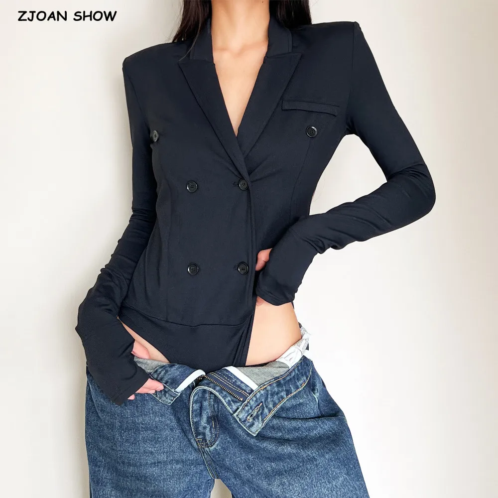 

2025 г., черный боди с длинными рукавами в американском стиле ретро, сексуальный женский двубортный пиджак, комбинезон, тонкие комбинезоны, облегающие комбинезоны