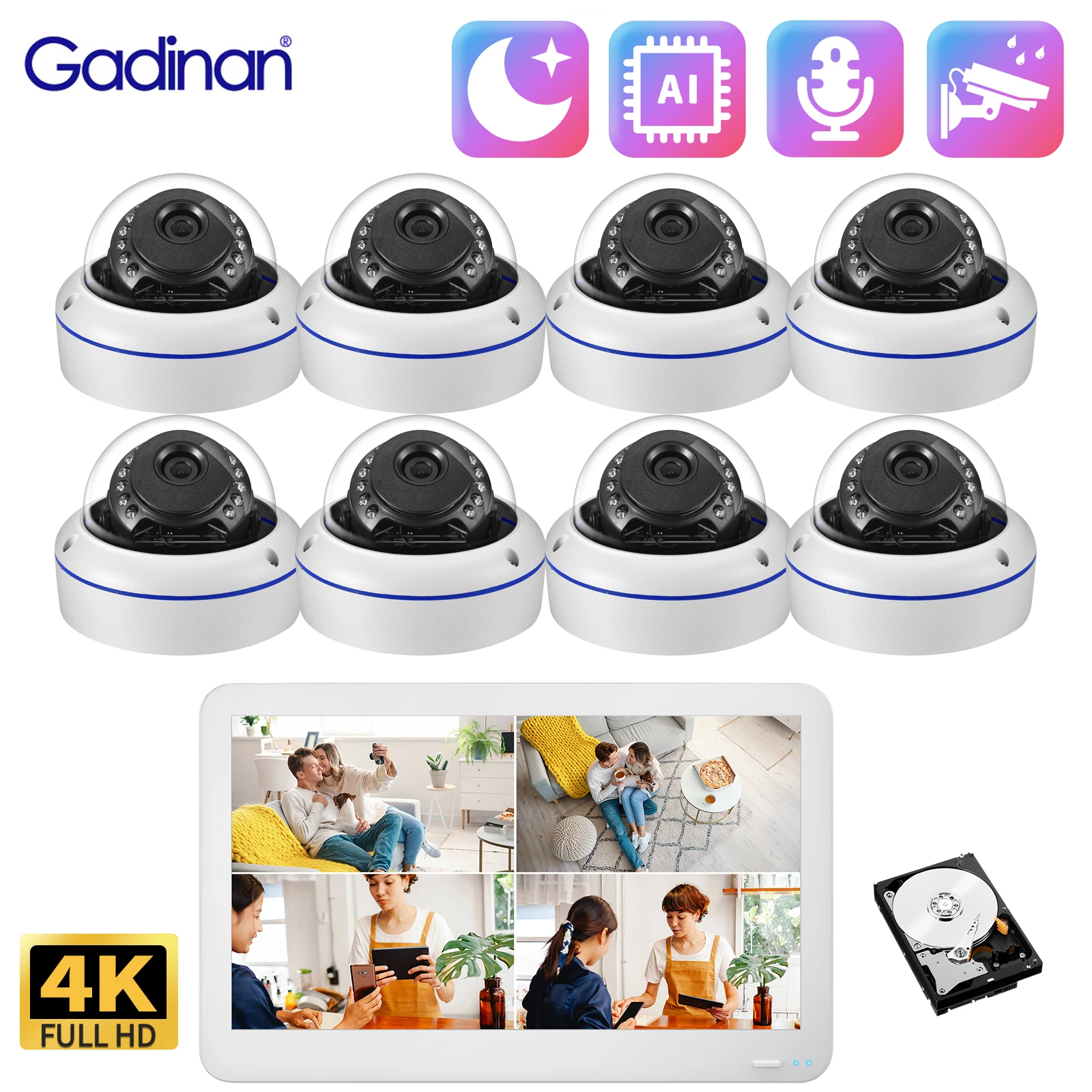 

Gadinan Outdoor 4K 8MP Camera System 11.6 Inch POE LCD NVR Screen Face Detection Audio IP Cameras Security Surveillance XMEYE