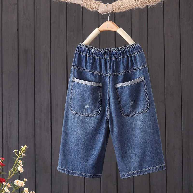 Summer Women Denim Shorts Vintage Embroidery Elastic High Waist Loose Knee Length Straight Jeans Pants 3XL