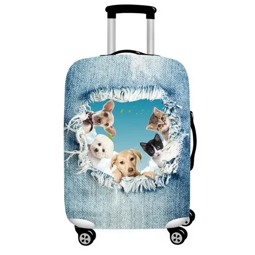Elastic Luggage Cover Denim Overalls Cat Print Stretch Suitcase Protector Dustproof Anti‑Scratch For 18‑32 Inch Travel Case
