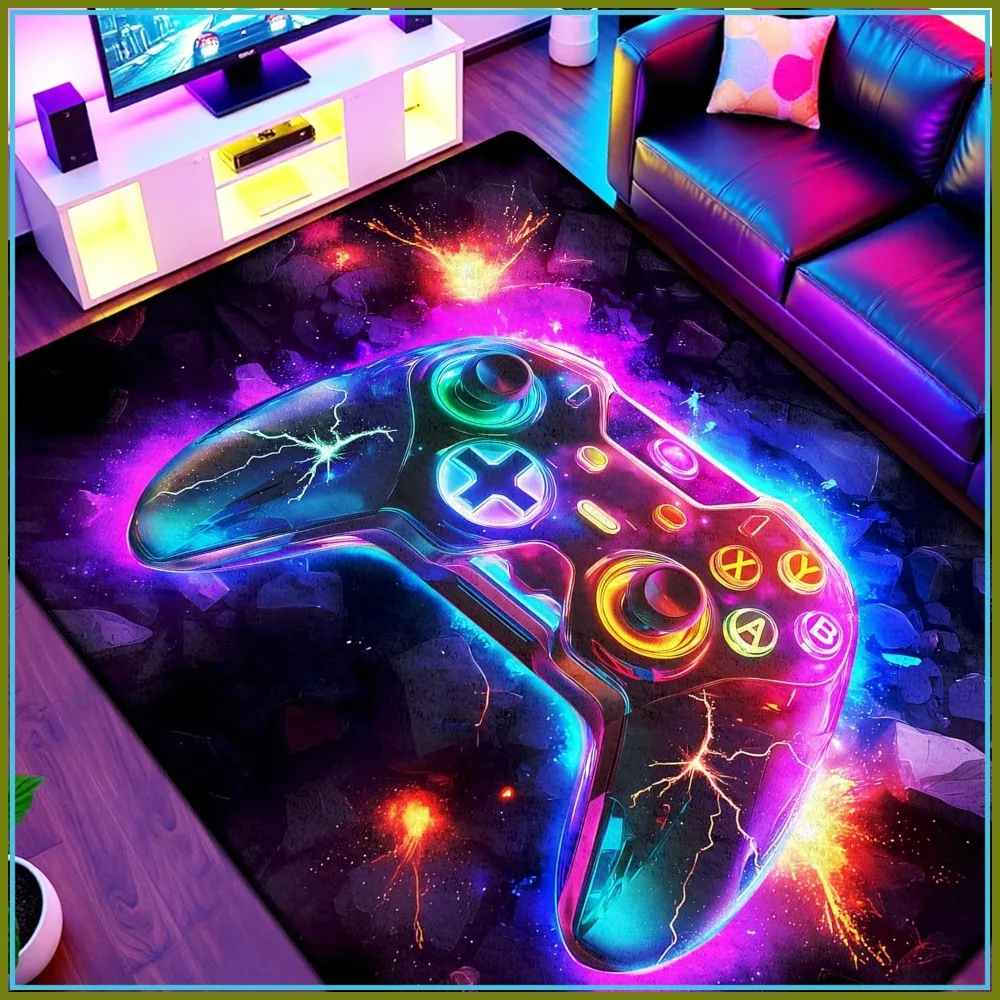 5x7 ft Neon Gaming Area Rug, Colorful Game Controller Carpet for Gamer Room Decor, Low Pile Non-Slip Video Game Rug