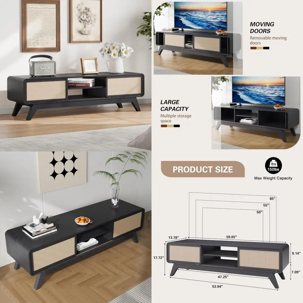 Modern 65 TV Stand Entertainment Center with Storage, Farmhouse Style TV Cabinet Table, Nature Inspired Design
