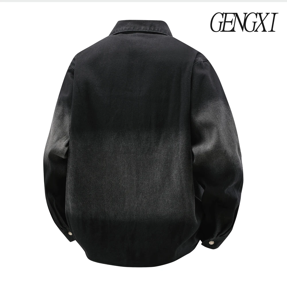 سترة جينز بتصميم متدرج مغسول أمريكي عتيق للخريف/الشتاء سترة قميص جديدة بأزرار سفلية واحدة الصدر